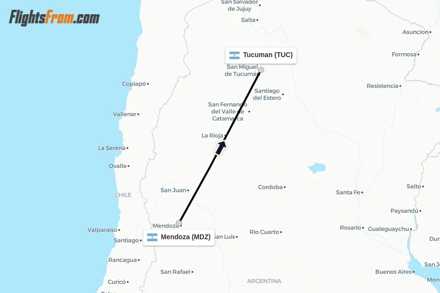 Flights from Mendoza to Tucuman route map