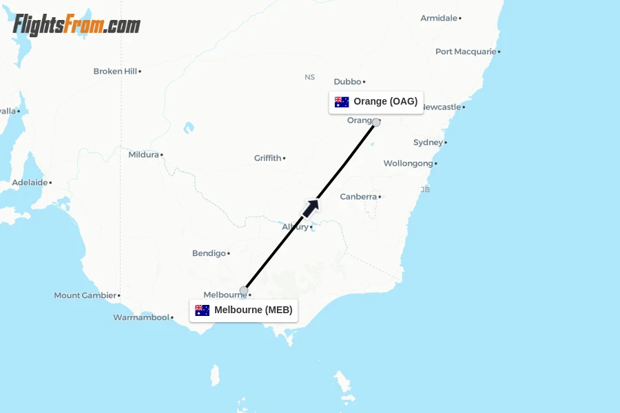 Flights from Melbourne to Orange route map