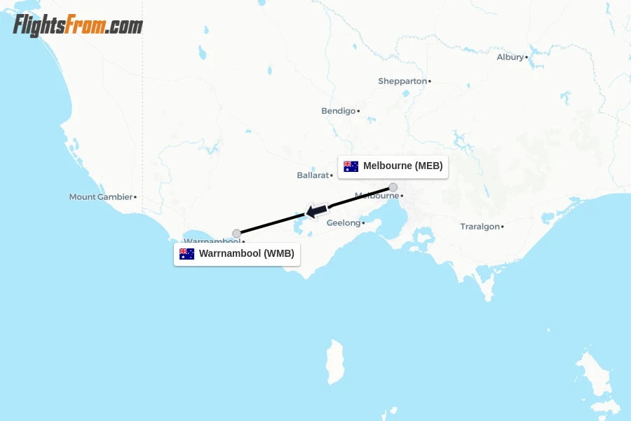 Flights from Melbourne to Warrnambool route map