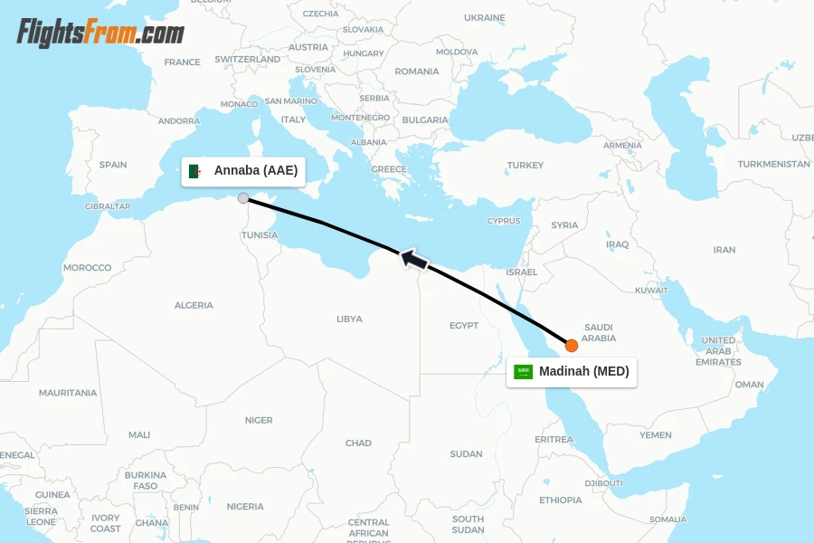 Flights from Madinah to Annaba route map