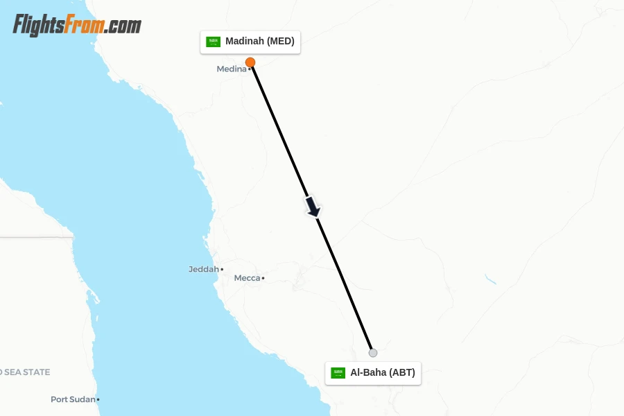 Flights from Madinah to Al-Baha route map