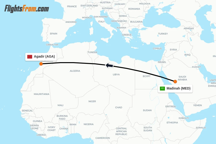 Flights from Madinah to Agadir route map