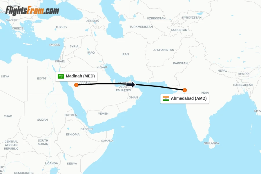 Flights from Madinah to Ahmedabad route map