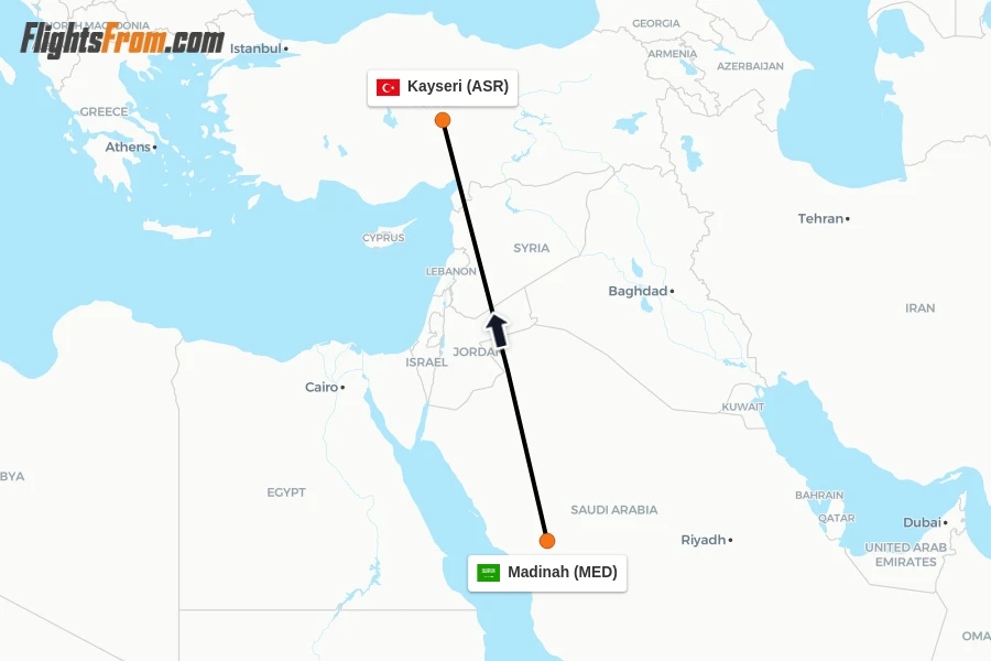 Flights from Madinah to Kayseri route map