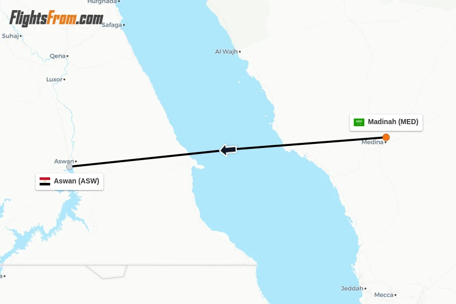 Flights from Madinah to Aswan route map