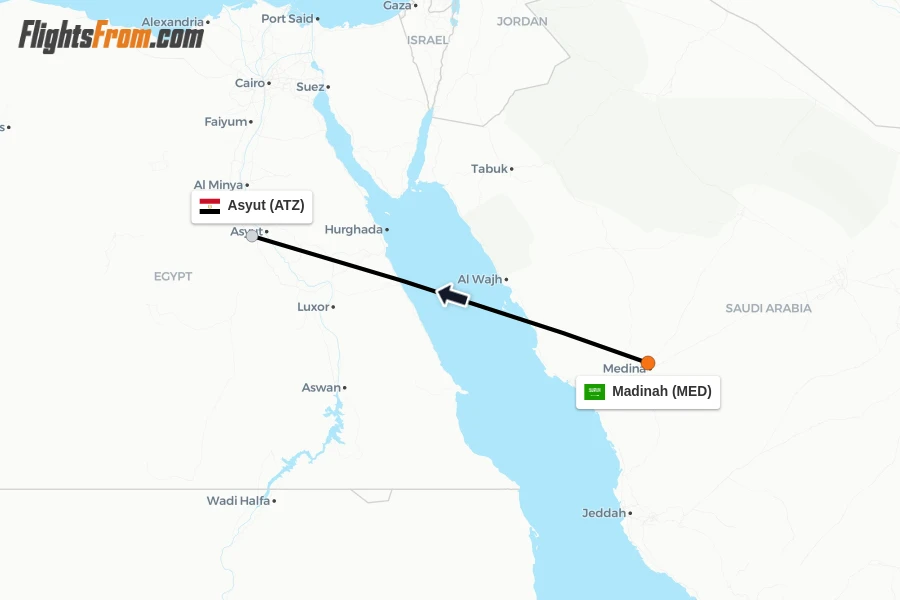 Flights from Madinah to Asyut route map