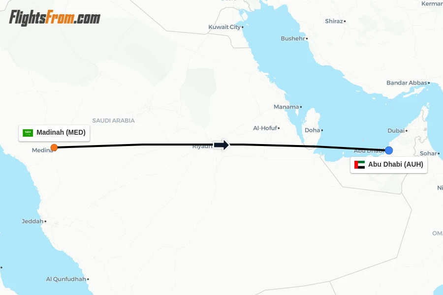 Flights from Madinah to Abu Dhabi route map