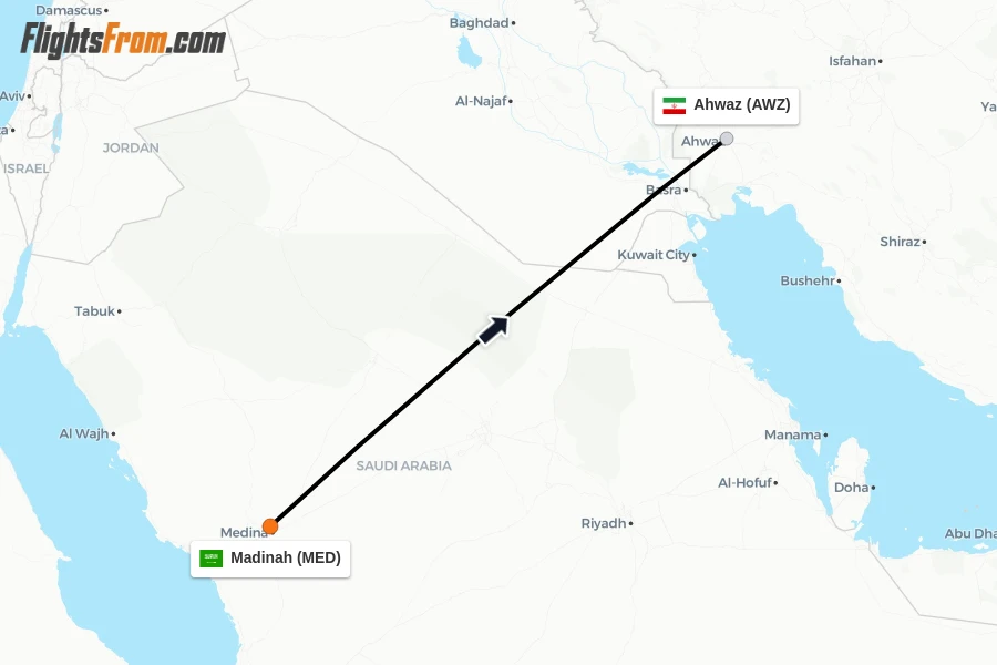 Flights from Madinah to Ahwaz route map