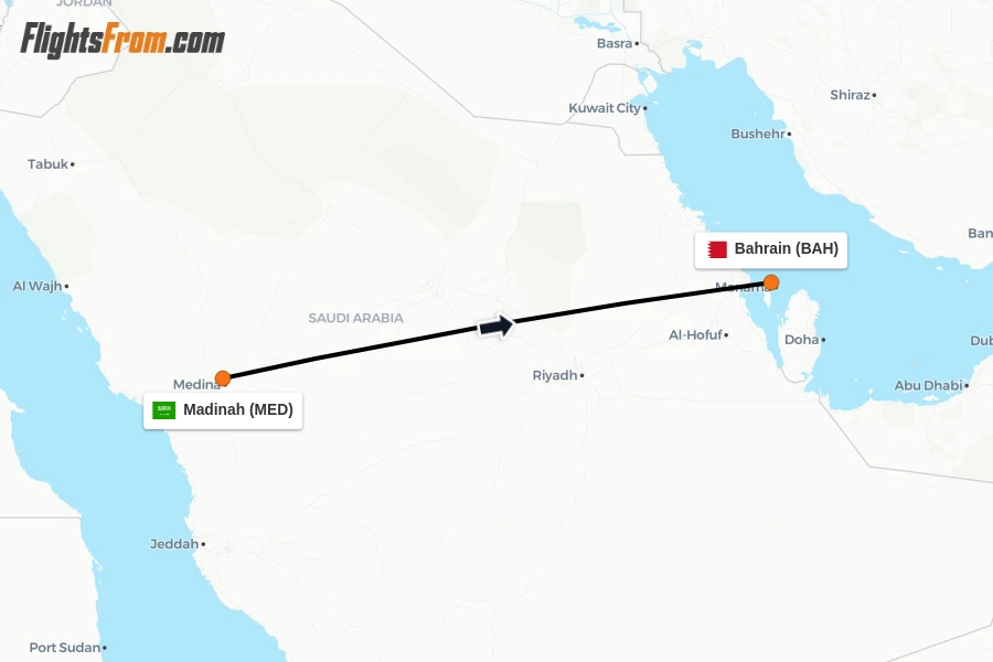 Flights from Madinah to Bahrain route map
