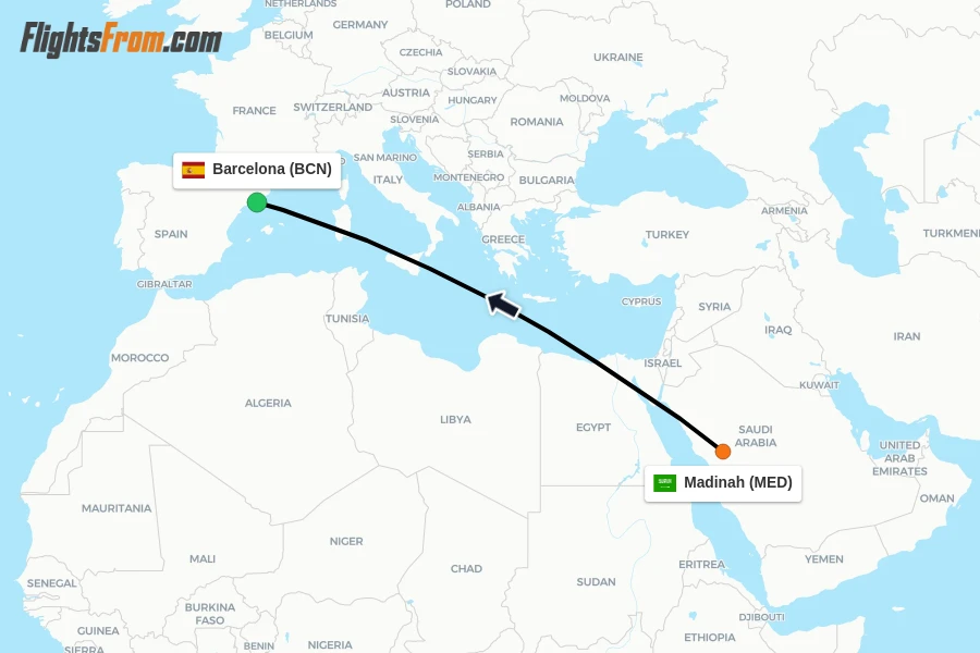 Flights from Madinah to Barcelona route map
