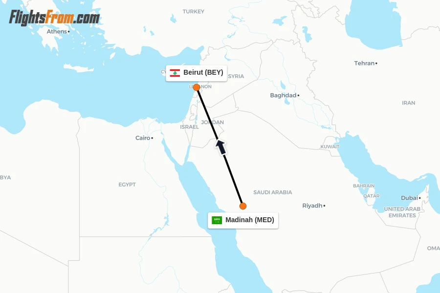 Flights from Madinah to Beirut route map
