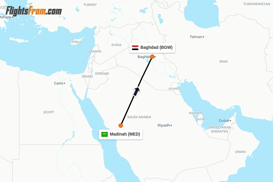 Flights from Madinah to Baghdad route map