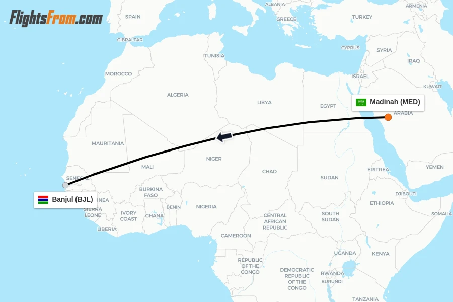 Flights from Madinah to Banjul route map