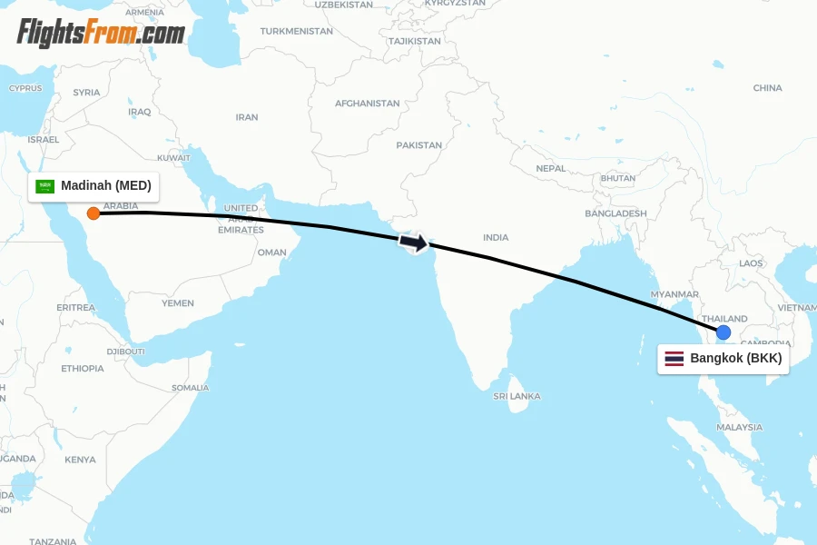 Flights from Madinah to Bangkok route map