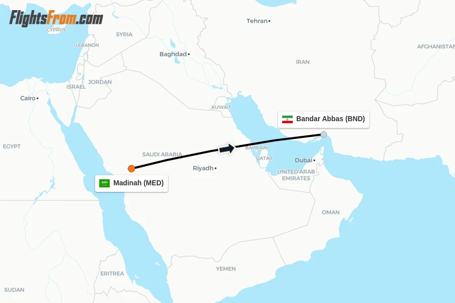 Flights from Madinah to Bandar Abbas route map