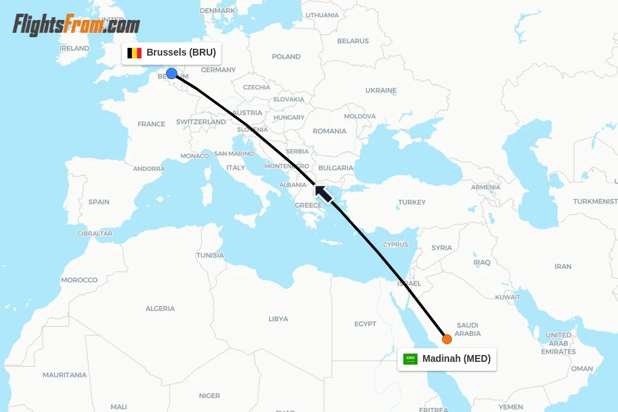 Flights from Madinah to Brussels route map