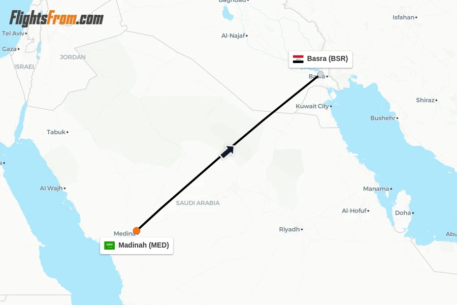 Flights from Madinah to Basra route map