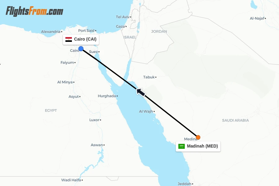 Flights from Madinah to Cairo route map
