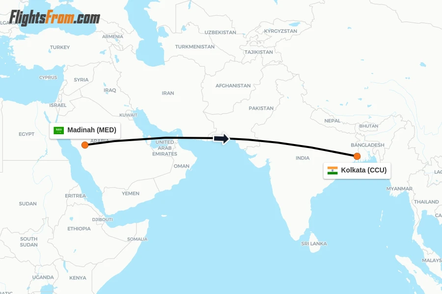 Flights from Madinah to Kolkata route map
