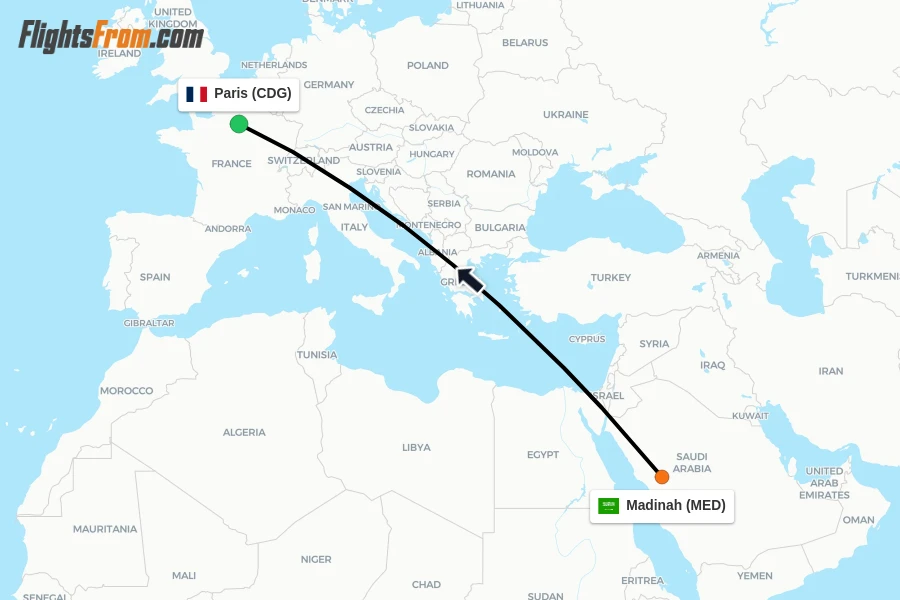 Flights from Madinah to Paris route map