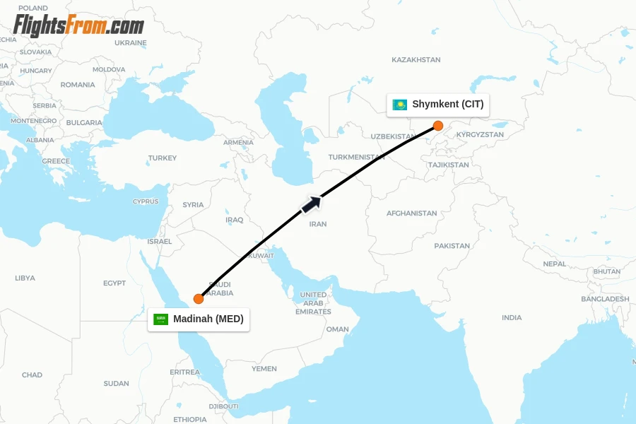 Flights from Madinah to Shymkent route map