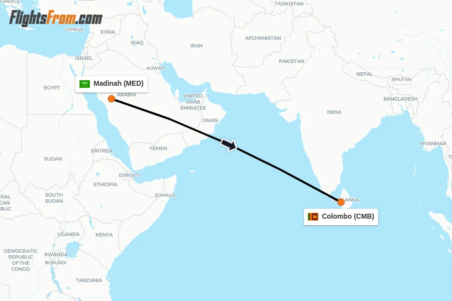 Flights from Madinah to Colombo route map