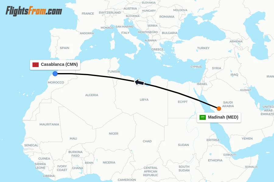Flights from Madinah to Casablanca route map