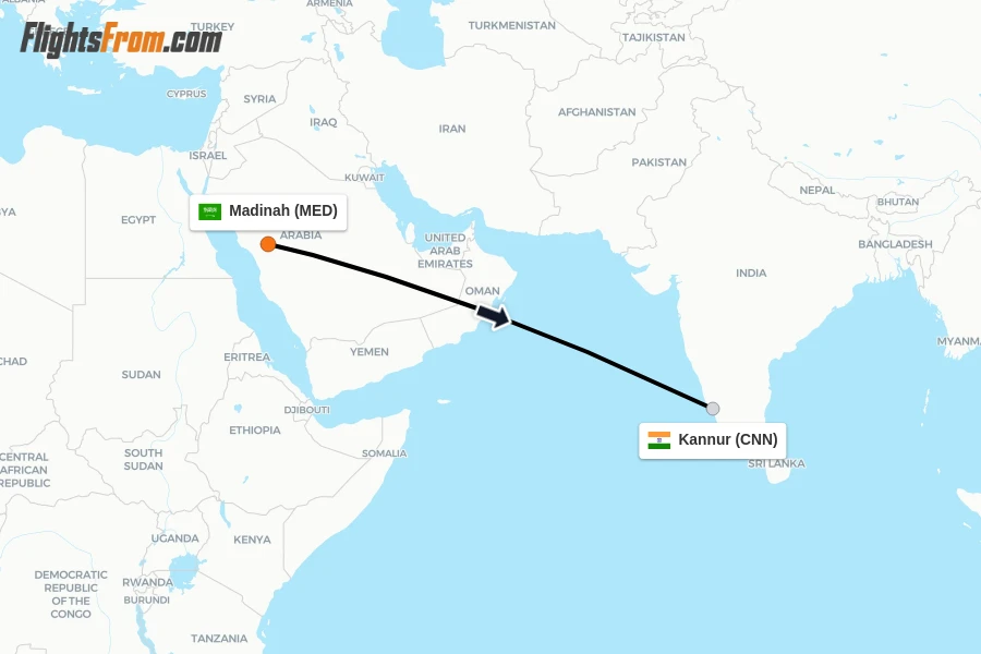 Flights from Madinah to Kannur route map
