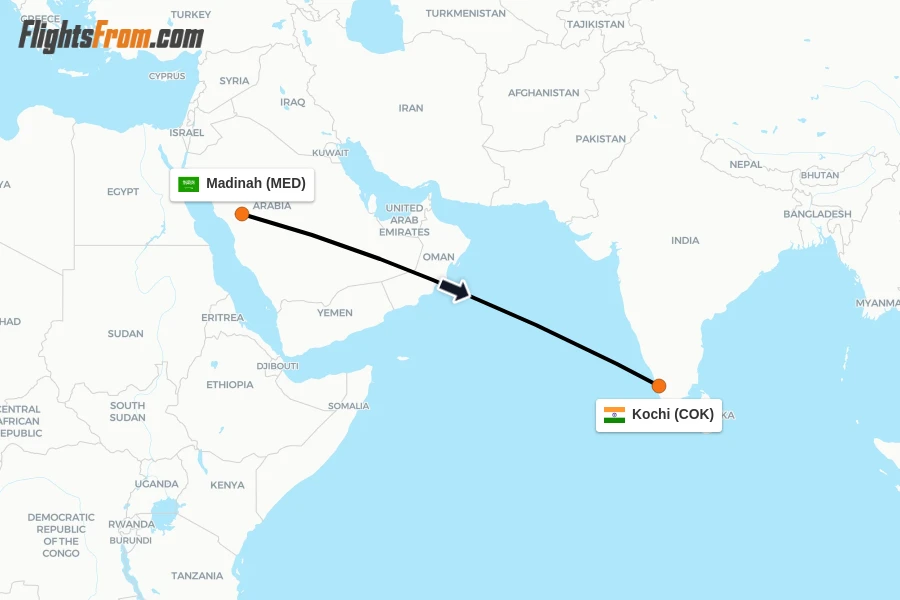 Flights from Madinah to Kochi route map