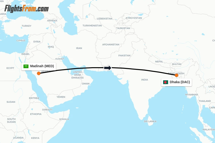 Flights from Madinah to Dhaka route map