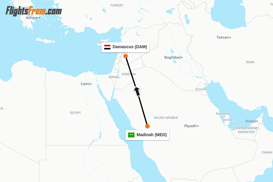 Flights from Madinah to Damascus route map