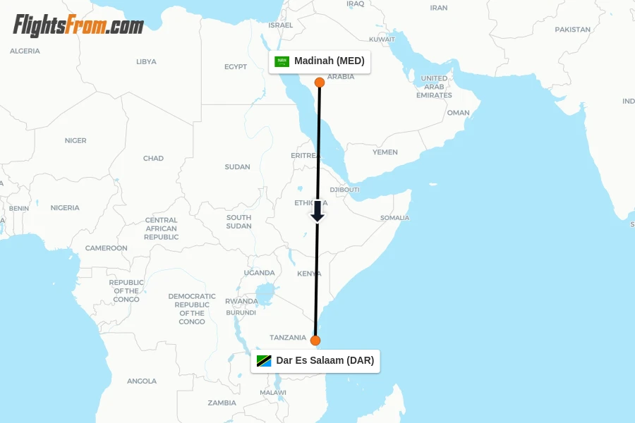 Flights from Madinah to Dar Es Salaam route map