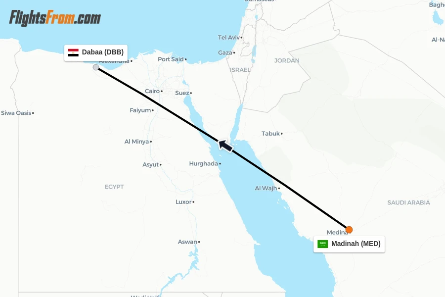 Flights from Madinah to Dabaa route map