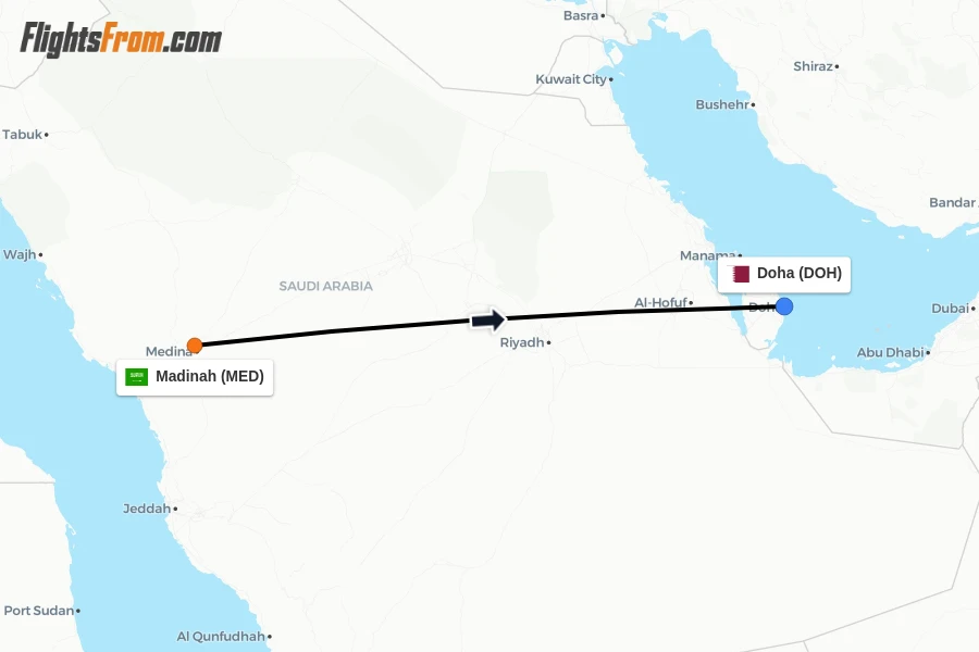 Flights from Madinah to Doha route map