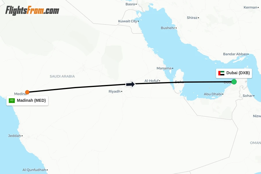 Flights from Madinah to Dubai route map