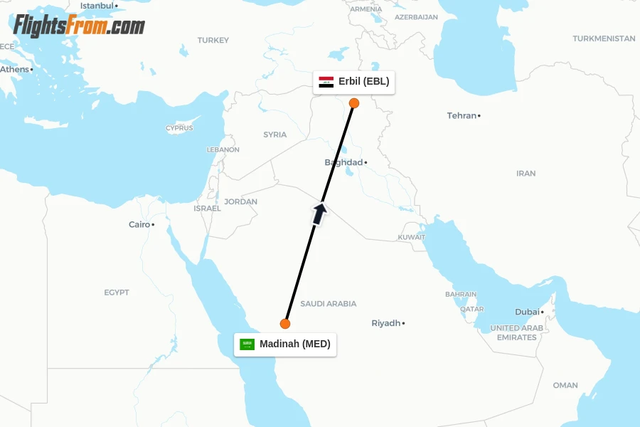 Flights from Madinah to Erbil route map