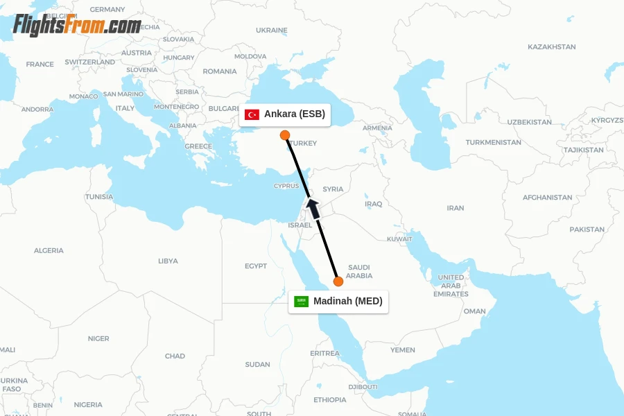 Flights from Madinah to Ankara route map