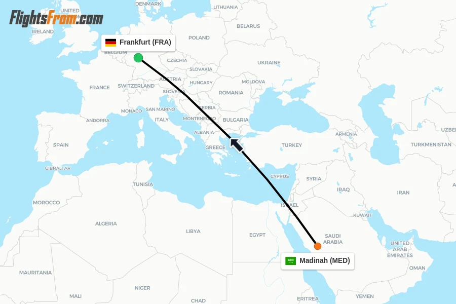 Flights from Madinah to Frankfurt route map