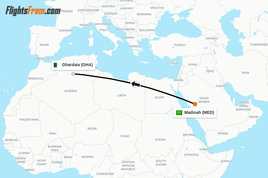 Flights from Madinah to Ghardaia route map