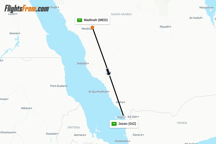 Flights from Madinah to Jazan route map