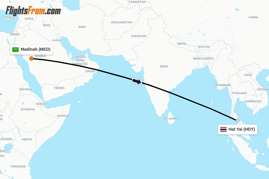 Flights from Madinah to Hat Yai route map