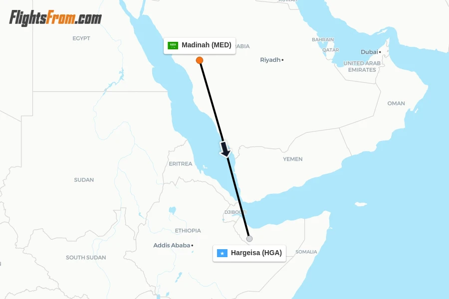 Flights from Madinah to Hargeisa route map