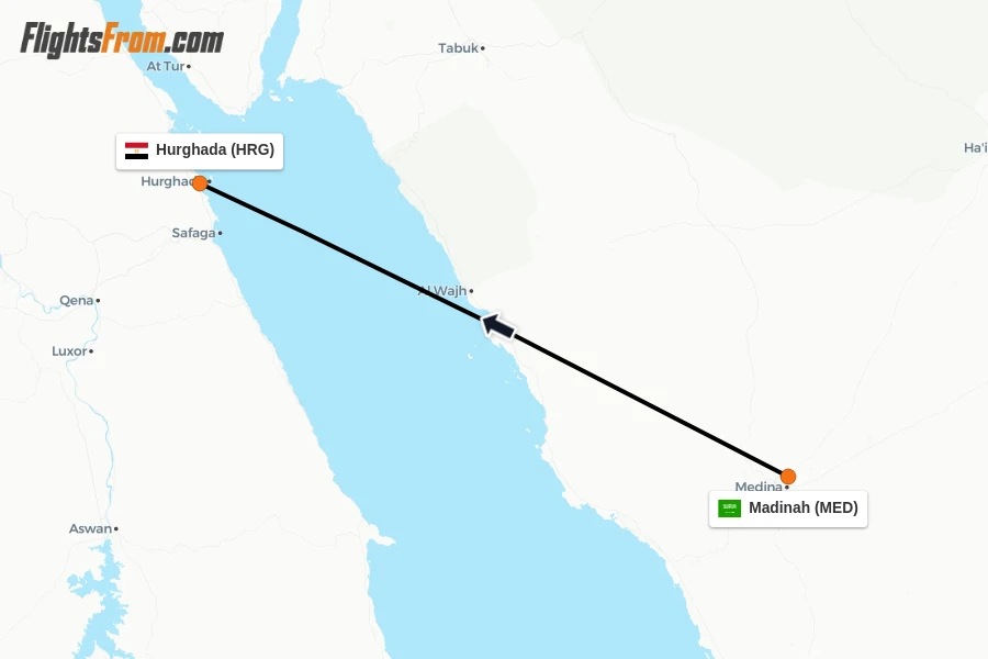 Flights from Madinah to Hurghada route map