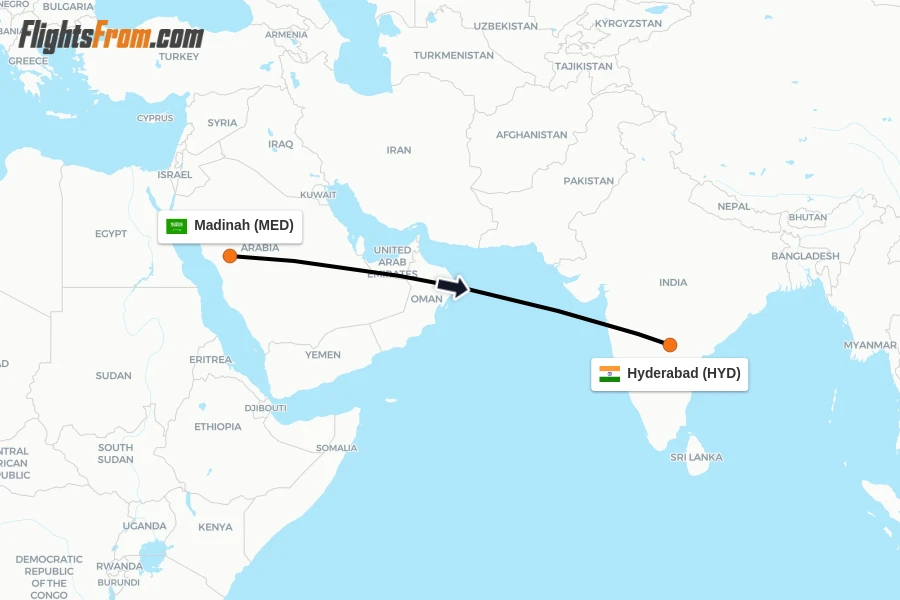 Flights from Madinah to Hyderabad route map