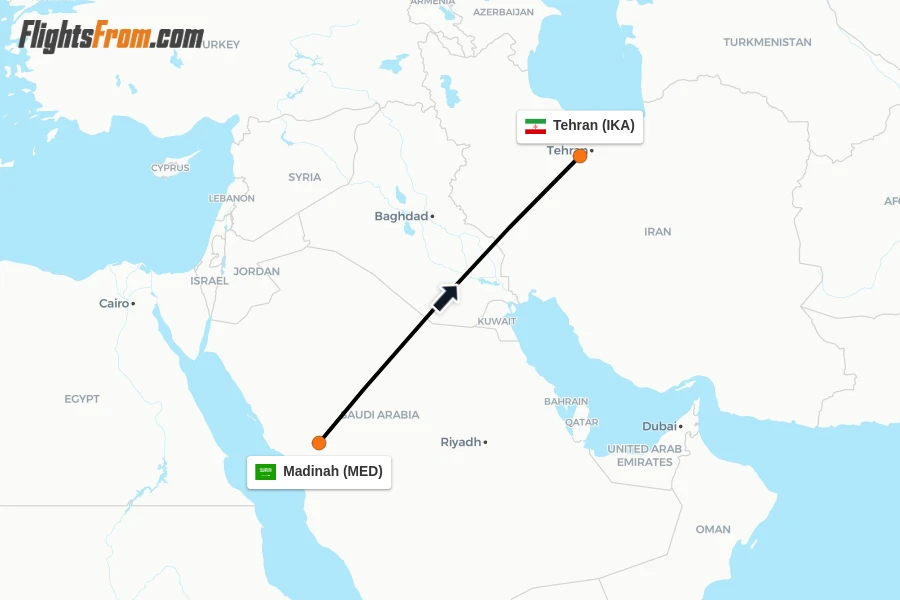 Flights from Madinah to Tehran route map