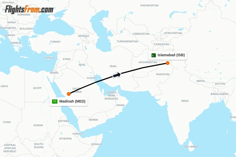 Flights from Madinah to Islamabad route map