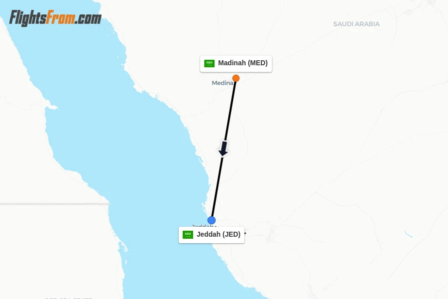 Flights from Madinah to Jeddah route map