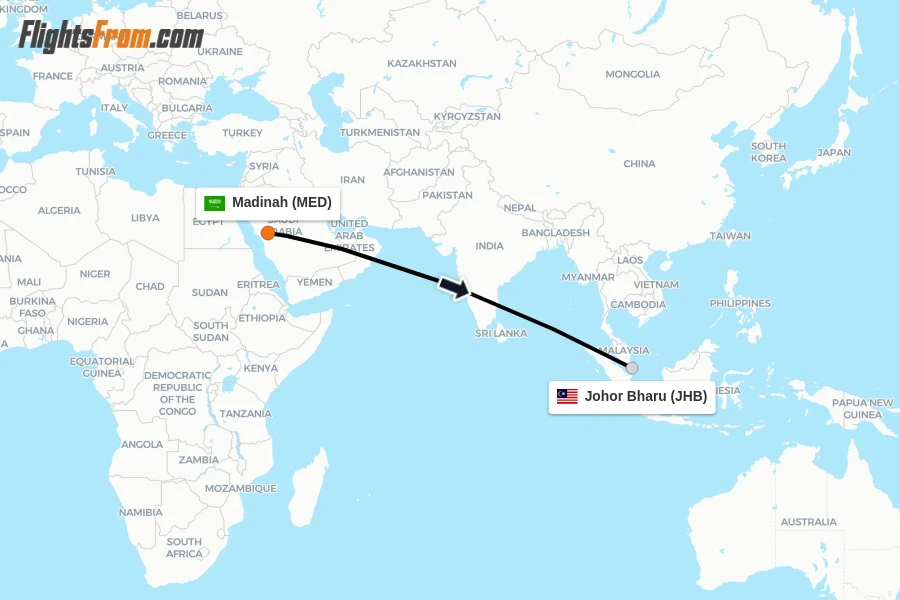 Flights from Madinah to Johor Bharu route map