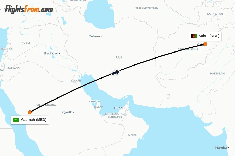 Flights from Madinah to Kabul route map
