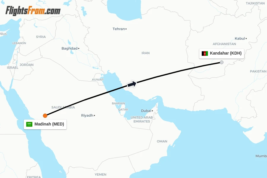 Flights from Madinah to Kandahar route map